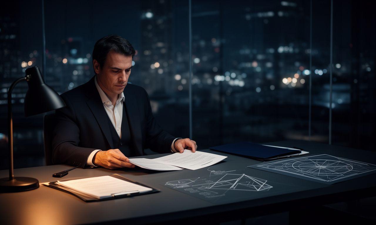 Lawyer reviewing a launch services agreement at a desk with space mission charts and city lights behind a glass wall