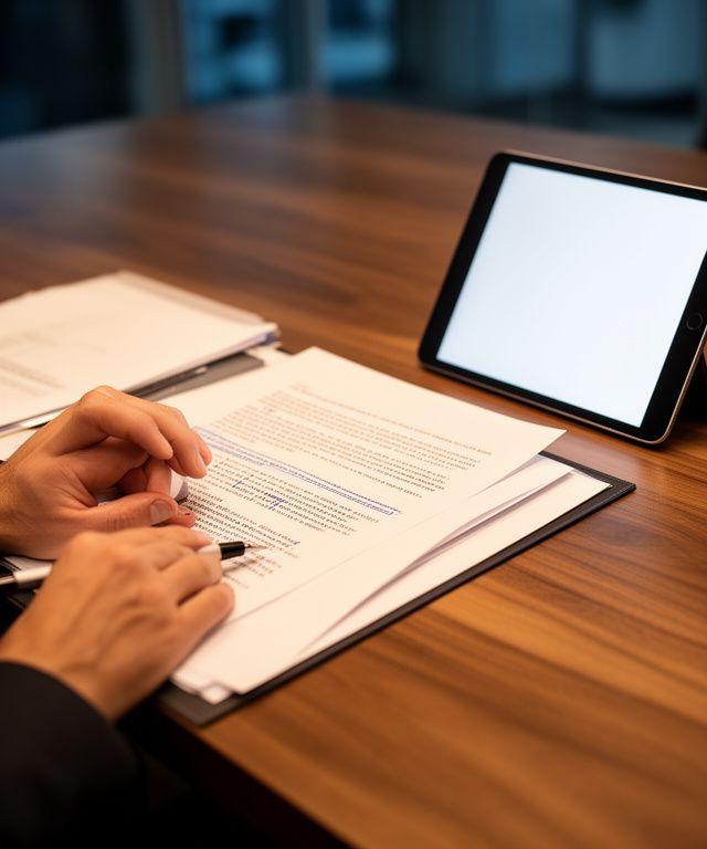 Contracts counsel marking clauses on a launch services agreement at a walnut desk with a tablet nearby