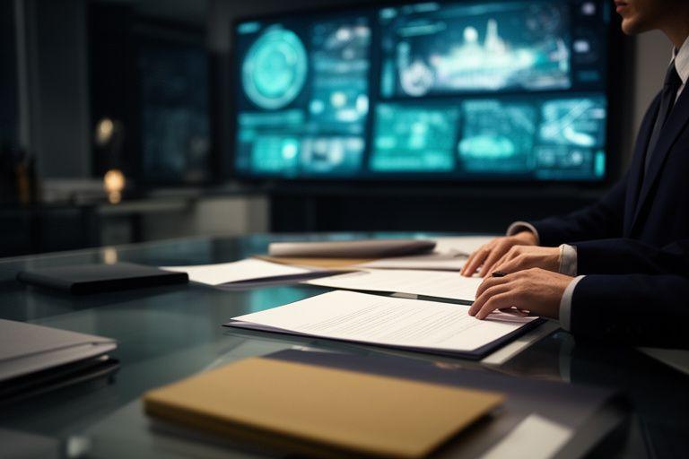 Attorney reviewing a launch agreement beside a glowing mission control display in a modern office