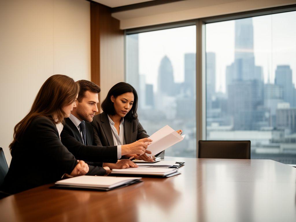 Three attorneys reviewing launch documents in a modern conference room with a city skyline behind them