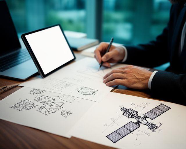 Senior associate working through patent diagrams at a desk with satellite concept sketches nearby